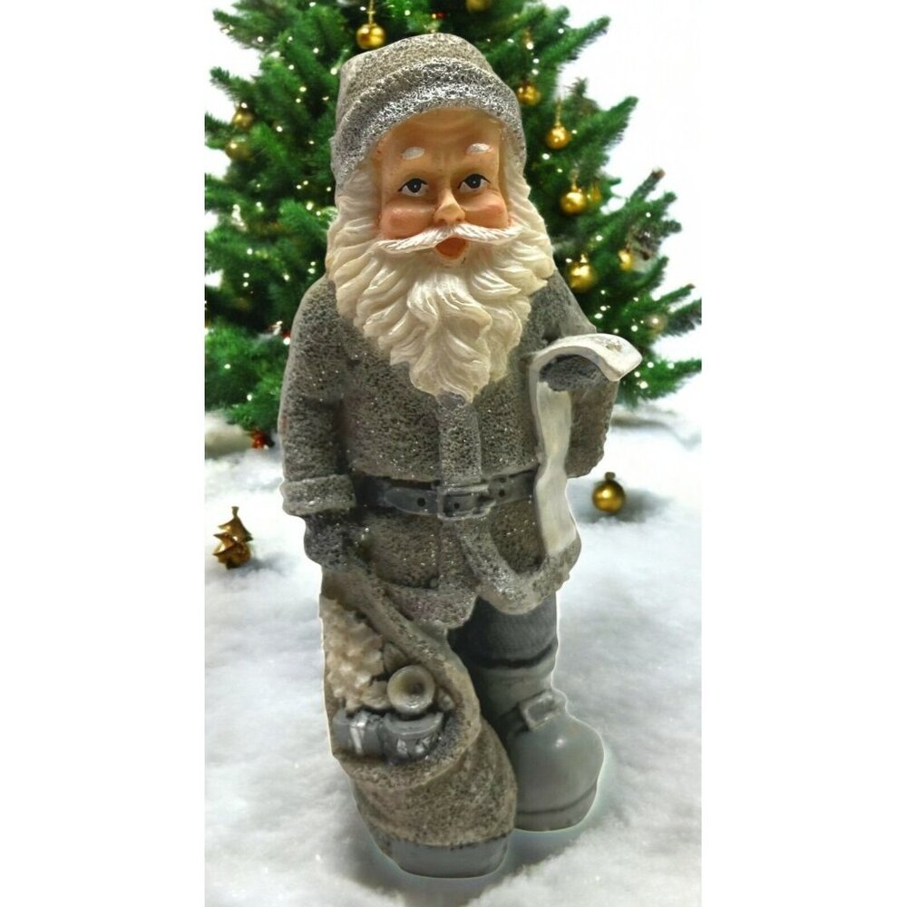 Santa Claus Christmas Figurine Gray Glitter Suit with Toys and List